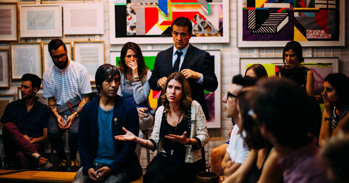 People networking and sharing ideas at a professional event