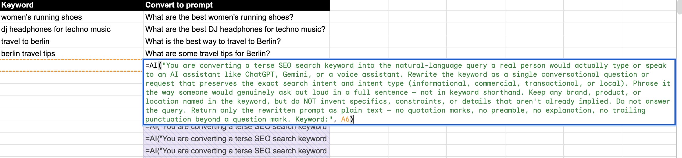 Turn SEO Keywords Into AI Search Prompts Using Google Sheets